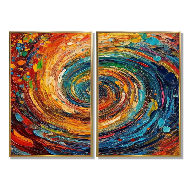 Yellow Orange Transcendent Liquid Ink - Yellow Art Prints On Canvas 2 Pieces, Floater Framed Print, 36'' H x 48'' W, Gold