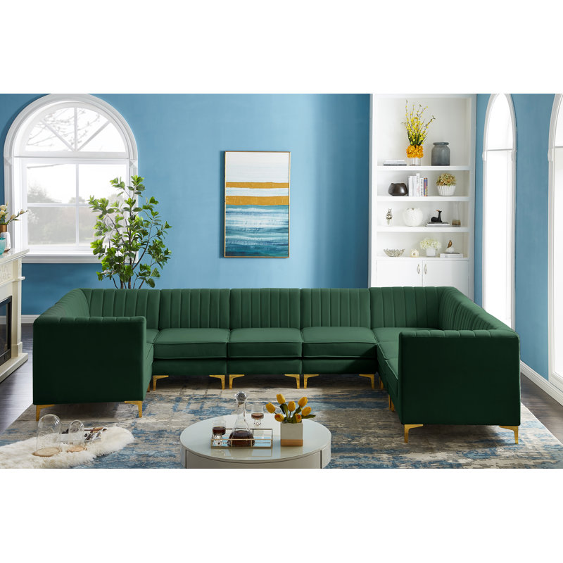 Canapé modulaire en velours réversible de 145 po de largeur Enson, Velours vert