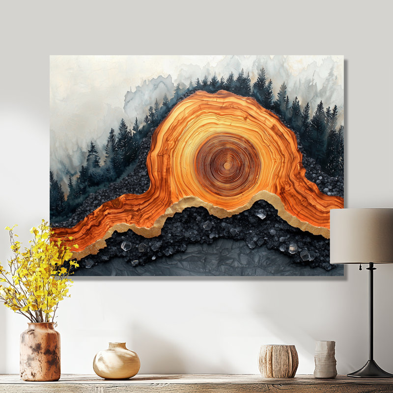 «Autumn Forest River Landscape of Amber Stone II», impression d'art mural en métal forêt, H 24 po x l 32 po