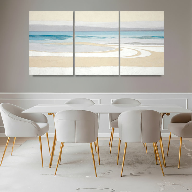 Ensemble de 3 tableaux abstraits sur toile représentant une scène de plage et des vagues océaniques., H 36 po x l 72 po