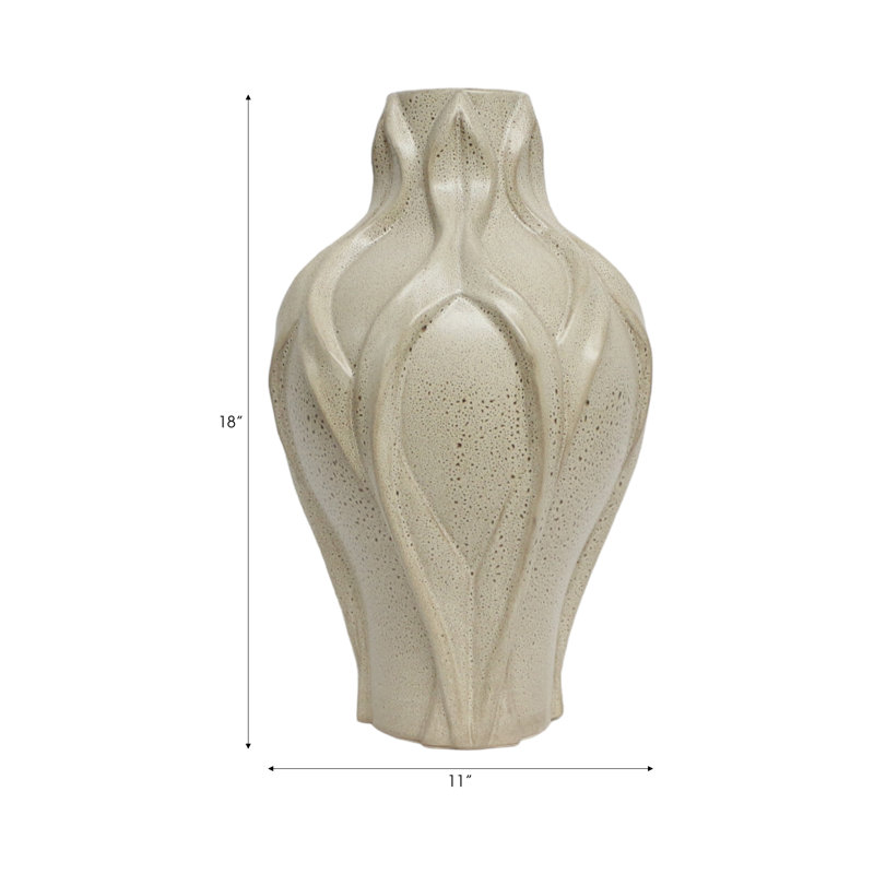 Modern Sculptural Ceramic Table Vase with Textured Form for Home Decor - Artistic Tall Flower Vase Accent for Living Room or Console Styling - Ivory & Tan