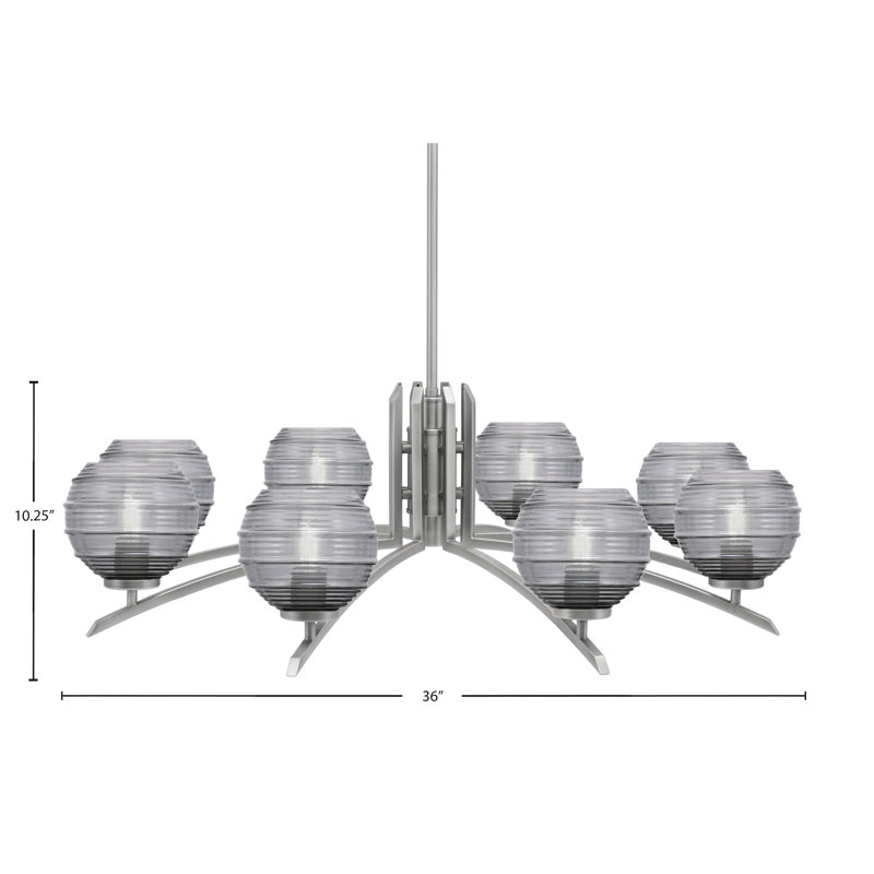 Lustre lumineux en verre nervuré fumée de 6 po, H 58,25 po x l 36 po x P 36 po, Graphite, 8