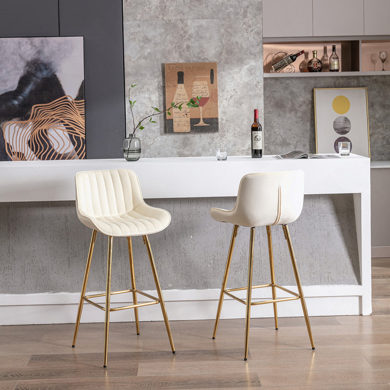 Tabouret de bar en velours avec repose-pieds chromé, ensemble de 2, Blanc, Tabouret de bar (siège d'une hauteur de 29,92 po)