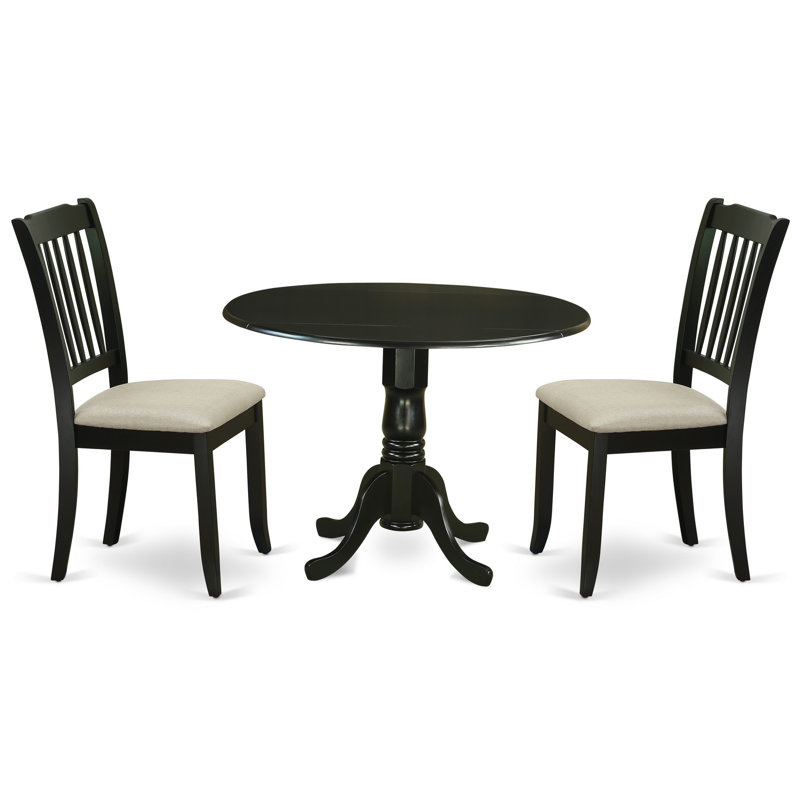 3 Piece Dining Set Contains a Round Dining Room Table with Dropleaf and 2 Linen Fabric Kitchen Chairs, Black, Linen Black