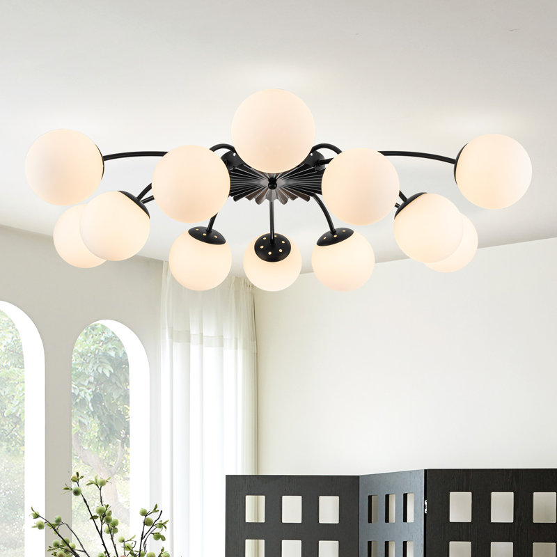 Black Frame Opal Glass Globe Blossom Flush Mount Ceiling Light, 8.7" H x 39" W x 39" D, 12 Lights