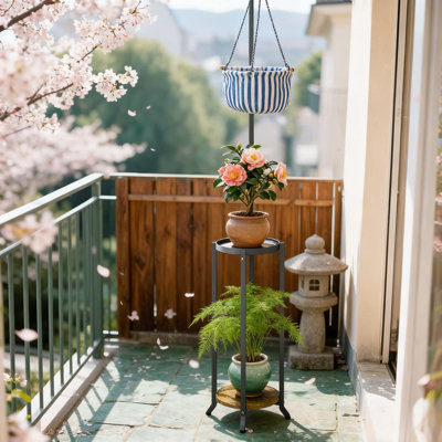 Support pour plante à 2 niveaux avec panier suspendu
