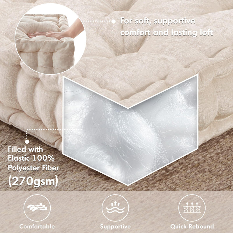 Azza Poly Chenille Square Floor Pillow Cushion, Ivory, Square 20"