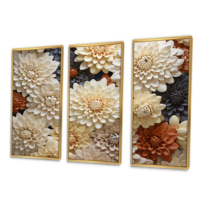 «Chrysanthemums White Mosaic Garden - Chrysanthemums», ensemble de reproduction d'art mural, Cadre flottant doré