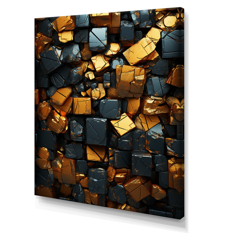 Grunge cubes dorés abstrait géométrique VI - art mural abstrait, Toile tendue, H 32 po x l 16 po x P 1 po