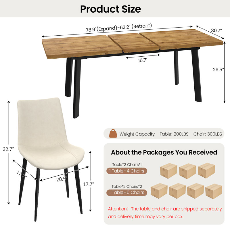 Ensemble de table de salle à manger extensible 63,1 à 78,8 po, table de cuisine moderne 7 pièces avec 6 chaises de salle à manger rembourrées 
