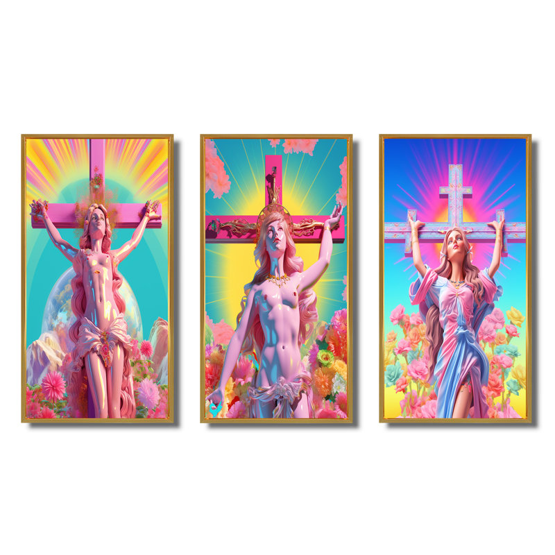 «Barbie Jesus On The Cross», 3 pièces, Cadre flottant doré, H 36 po x l 28 po