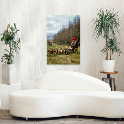 1970S Master Of Foxhounds In Red Jacket On Horseback Leads The Pack Of Dogs In Autumn Landscape Cub Huntng Classic Retro Vintage Dog Fox Horse Anim...