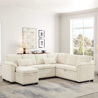 Canapé modulaire en L en chenille avec rangement, 7 sièges, beige, 97 po