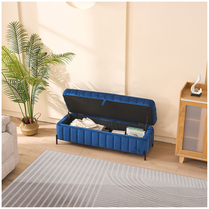 Banc de rangement en velours de 49,21 po de largeur pour le salon, l'entrée et la chambre à coucher., Marine