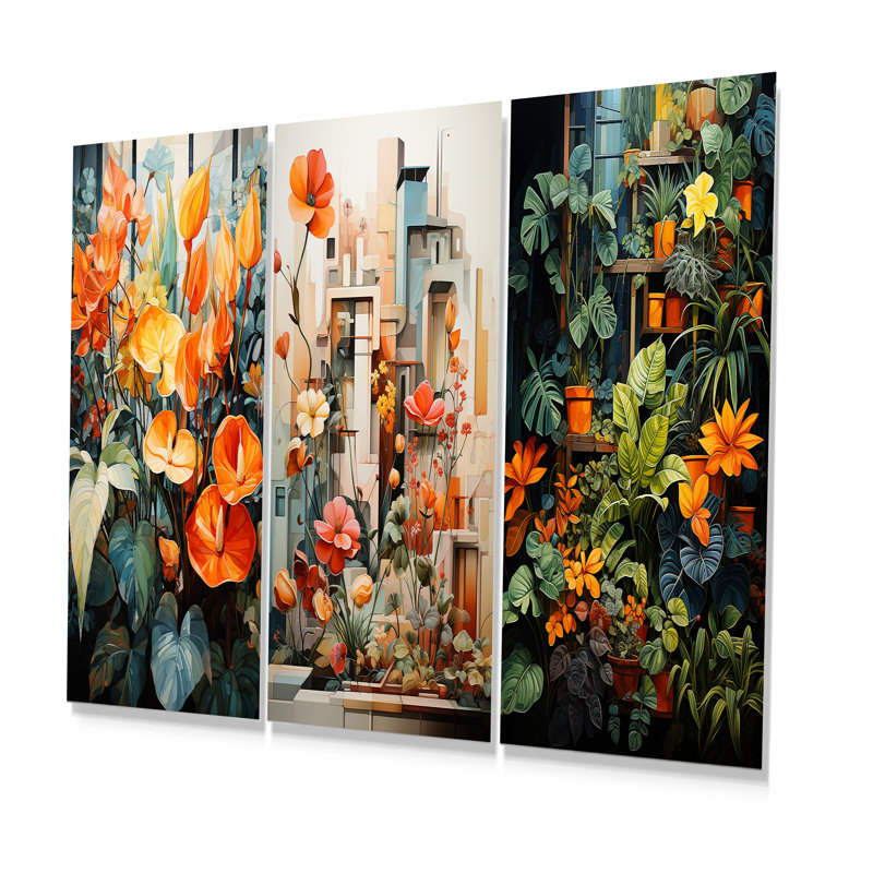 Cubist Horticultural Garden - Flowers Metal Prints Set Of 3, 32" H x 48" W