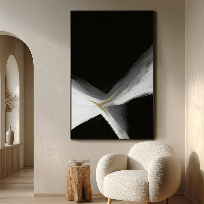 Très grande impression d'art minimaliste abstrait coup de pinceau - coups blancs et dorés sur fond noir, décoration d'art moderne pour le salon ou la chambre à coucher, assemblage de cadre requis