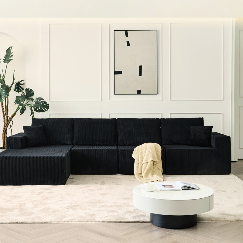 Canapé modulaire en velours côtelé de luxe de 139,3 po à 4 places avec canapé en L et coussins, sans installation pour le salon Tea Time