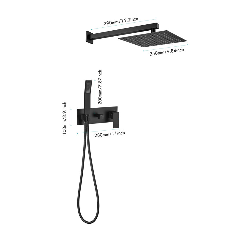 Système de douche complet avec valve brute, robinet de douche noir et système de douche 10 pouces avec douchette à main