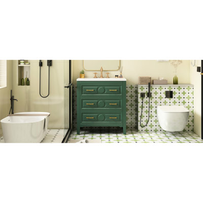 30'' Bathroom Cabinet With Ceramic Sink, Solid Pine Wood, 3 Drawers, , Classic Look 3, Appeal