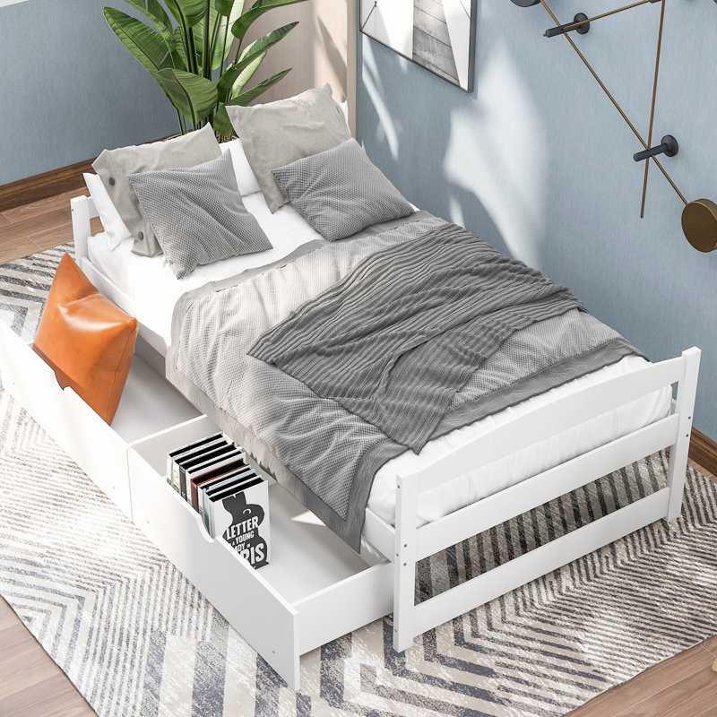 Lit simple blanc avec 2 tiroirs spacieux - et plateforme élégante de taille deux dans un espace exquis