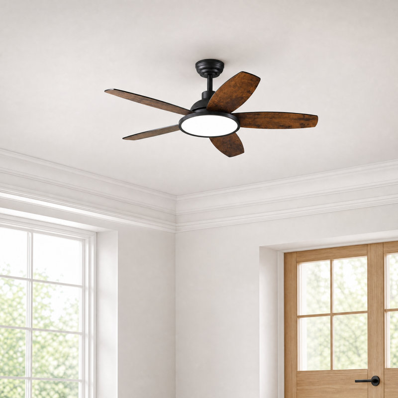 Ventilateur de plafond 42 po à 5 pales avec lumière DEL et télécommande, 42", Noir / pales en bois noir mat