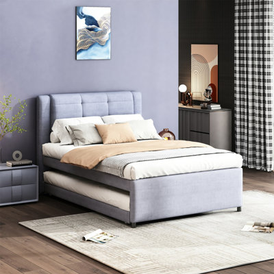 Full Size Bed With Trundle In Gray. Solid Pine & Structure. No Box Spring. Headboard For Extra Comfort Gray Upholstery Extendable - Long-Term Use