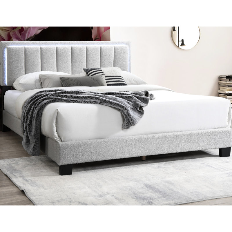 Contemporary Full Size Bed With Gray Wool Upholstery, Channel Tufting And Built-In Led Lights, Platform Setup Upholstered Headboard Structure
