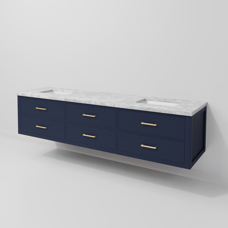 80" Wall-Mounted Double Bathroom Vanity Set, Blue, White Carrara Marble