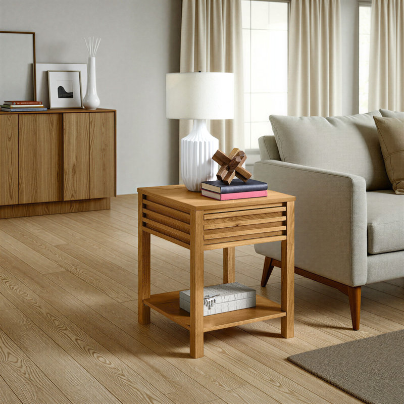 Charnay 20” Square Wood End Table With Drawer And Shelf, Light Oak
