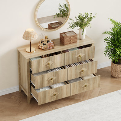47.2" Wide 6-Drawer Storage Dresser, Modern Wave Design Wooden Chest of Drawers with Metal Handle