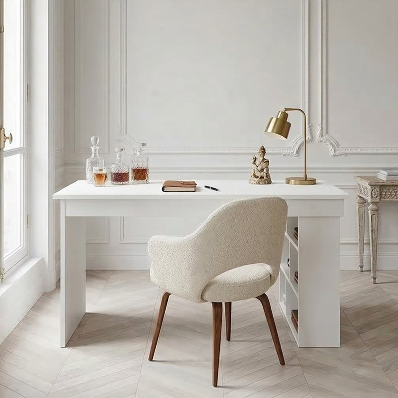 Bureau de direction en L Arden avec tablettes intégrées, Blanc naturel