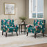 Davey Upholstered Pattern Blue Linen Blend Tufted Wide Back Armchair with Solid Wood Leg