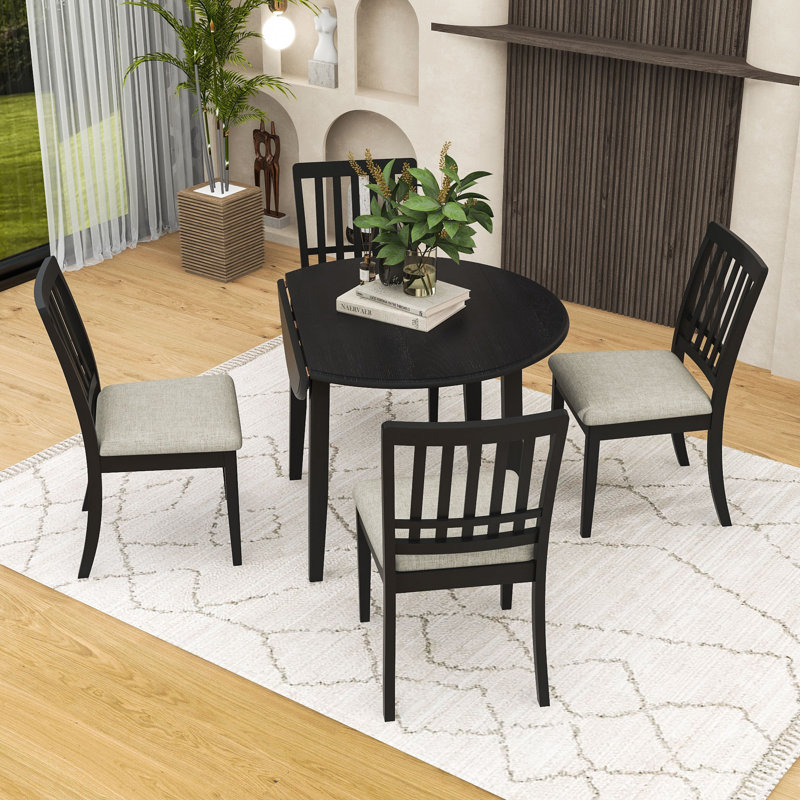 Ensemble de table de salle à manger 5 pièces, table ronde extensible avec abattant et 4 chaises rembourrées, Noir