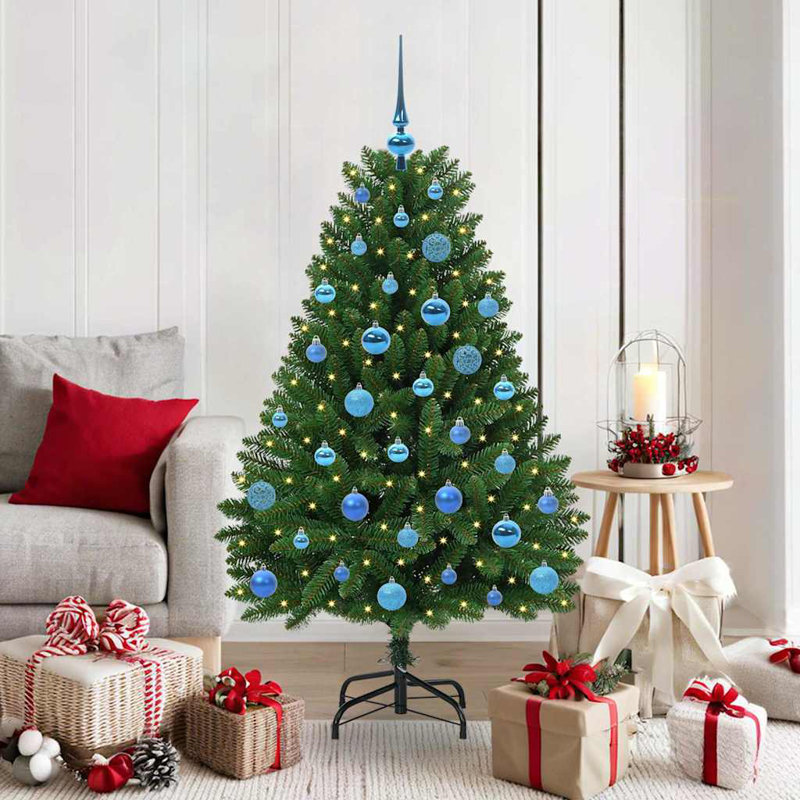 Artificial Christmas Tree with Stand Green PVC and Metal, Green, 300 cm, with Leds & Blue Balls