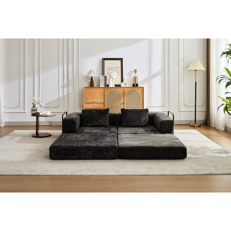 Lit de sol à compression à 2 places noir avec fonction convertible, chenille et sans assemblage pour la vie de dortoir modulaire en noir, diverses occasions