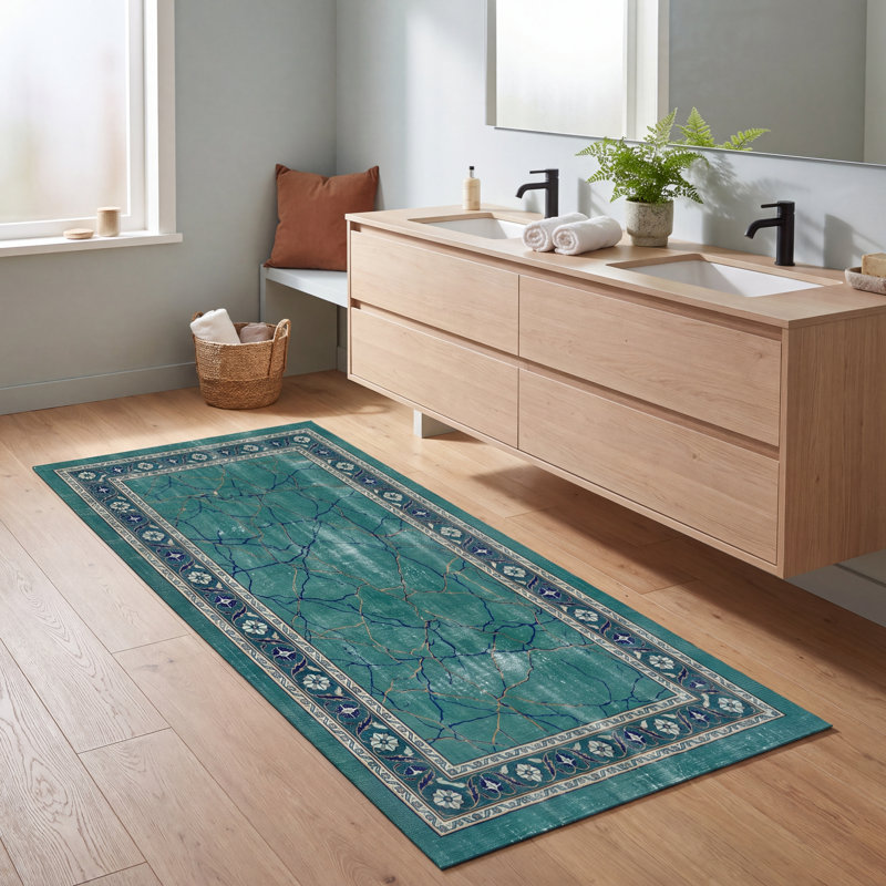 Tapis Bronze2 moderne à l'aspect vieilli, aquarelle abstraite, bleu sarcelle et blanc, lavable à la machine, antidérapant, à poils courts, pour l'intérieur et l'extérieur, adapté aux animaux domestiques, idéal pour le salon, la chambre, la salle à manger, l'entrée, le couloir ou le bureau.