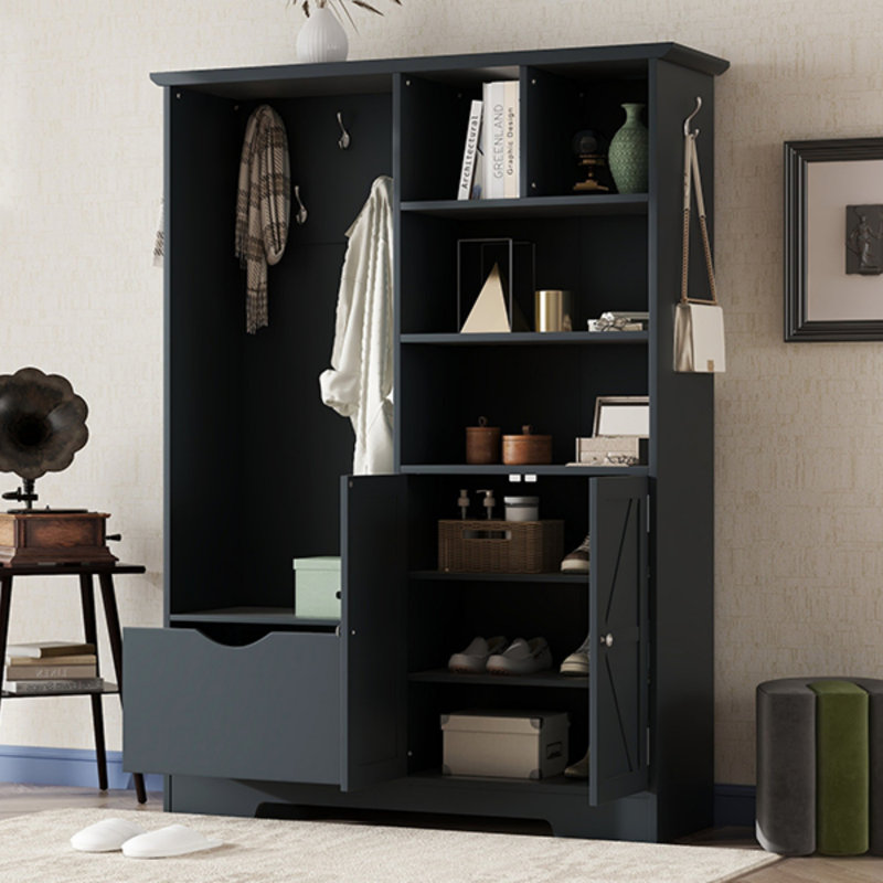 Multi-Functional Hall Tree with Shoe Storage Cabinet, Drawers, Shelves and Bench, Modern Coat Rack with Hooks for Entryway, Hallway, Mudroom, Foyer Organizer