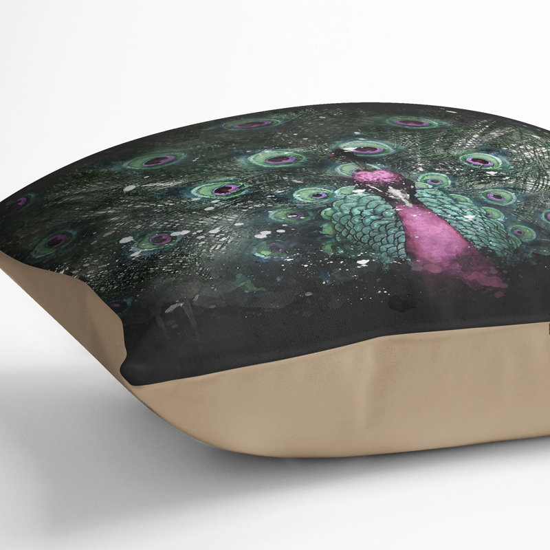 Mesmerising Peacock Paint Splash Cushion with Filling, Stone, 55cm H x 55cm W x 20cm D