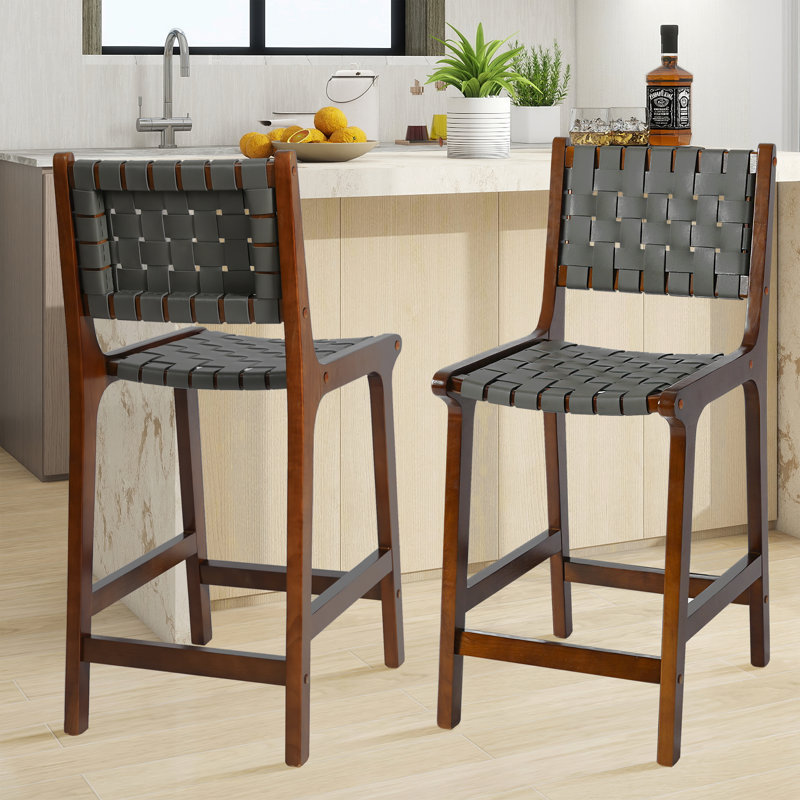 24" Counter Height Bar Stools Set of 2,Grey  Woven Faux Leather Seat & Back, Solid Wood Frame with Walnut Finish, 2
