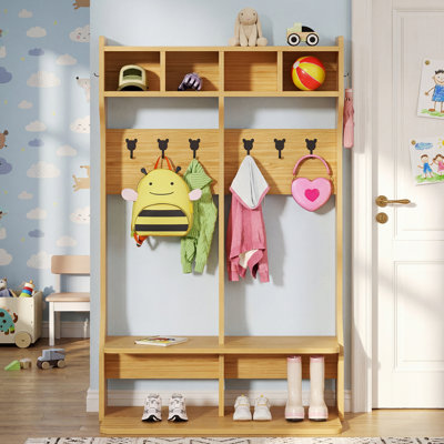 2-Section Kids Coat Locker with 4 Cubbies, Bench and Hooks, Open Back Cubbies for Nursery, Preschool, Entryway, Classroom Furniture