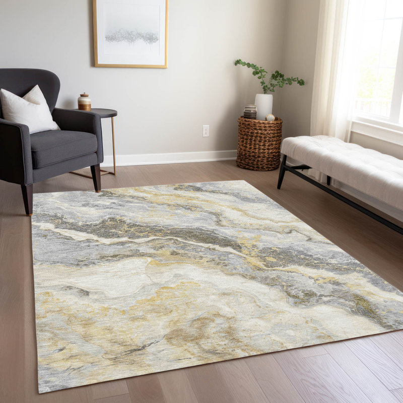 Machine Washable Indoor/Outdoor Cinead ACN1709 Gold Rug, Rectangle 5' x 7'6"