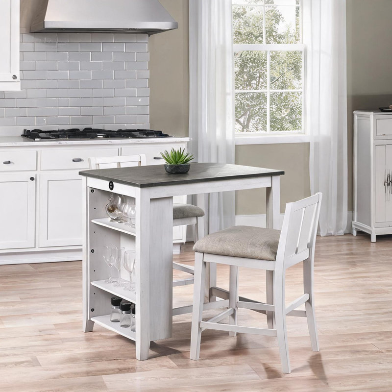 Ensemble de salle à manger à hauteur de comptoir en bois blanc avec tablette et ports USB, 2 sièges de style transitionnel