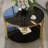 Stylish Modern Coffee Table with Asymmetrical Metal Structure, Circular Drum Base, and Lower Shelf for Enhanced Decor and Functionality.-362247087