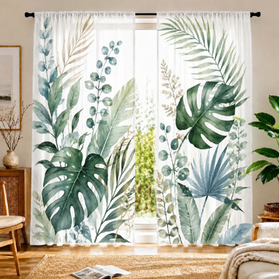 2Pcs Tropical Leaf Print Sheer Curtains, Botanical Garden Theme, Watercolor Style, Artistic Window Treatment,  for Living Room, Bedroom, Balcony, Natural Ambiance, Rod Pocket Hanging, Light Filtering