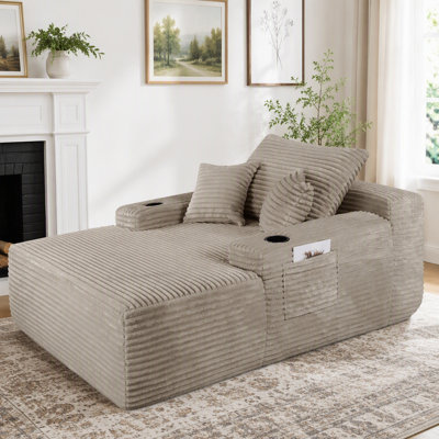 Chaise longue convertible avec porte-gobelet, rembourrage à ressort et tissu moelleux, sans assemblage, café