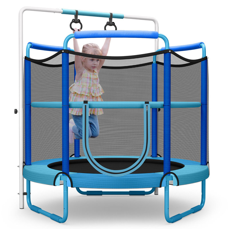 Gymax Round Backyard Trampoline with Safety Enclosure, Blue