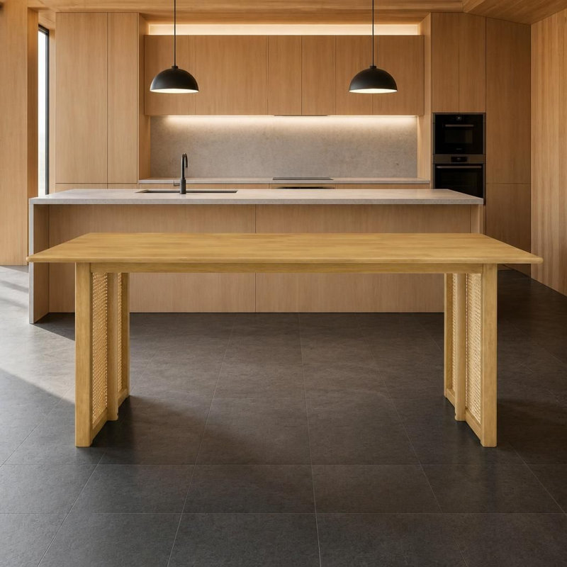 Table de salle à manger robuste en bois d'hévéa avec des accents décoratifs en rotin de plastique - longue table de cuisine et de salle à manger intérieure pouvant supporter jusqu'à 800 lb, pouvant accueillir confortablement 6 personnes
