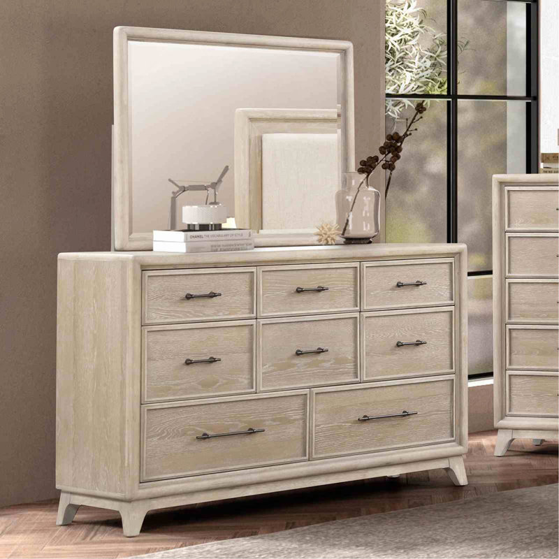 Commode à huit tiroirs avec miroir et rangement en bois d'hévéa massif