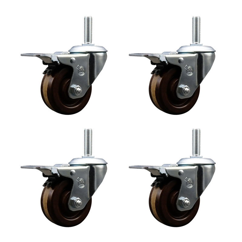4 Inch High Temp Phenolic 5/8 Inch Stem Caster Set with Total Lock Brake