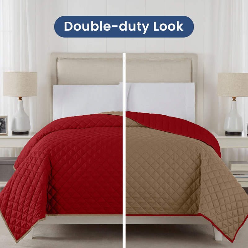 Martex Reversible Coverlet, Khaki / Red, Twin